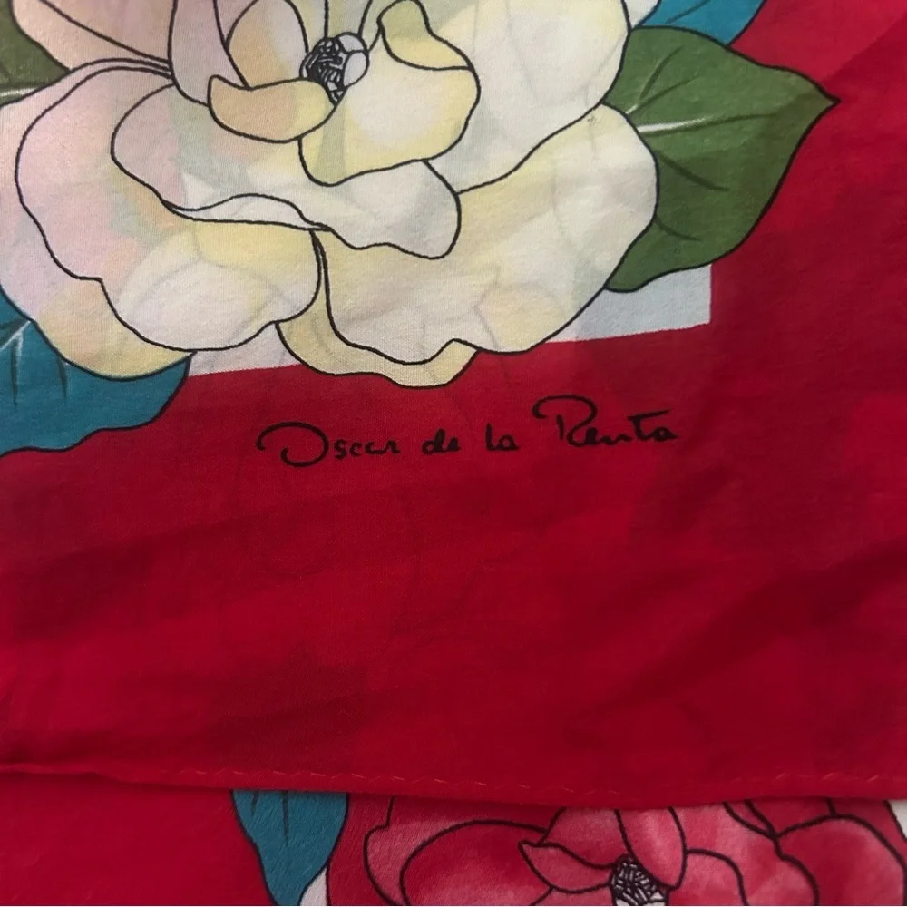 Oscar de la Renta Signed Silk Square Floral Scarf Red 30x29